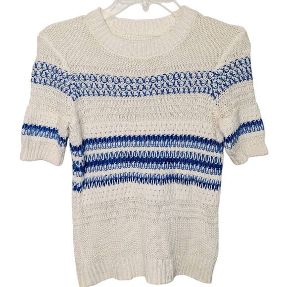 Current Elliott The Mixed Stitch Stripe Half-Sleeve Sweater Blue Horizon Size 0 - Picture 2 of 16